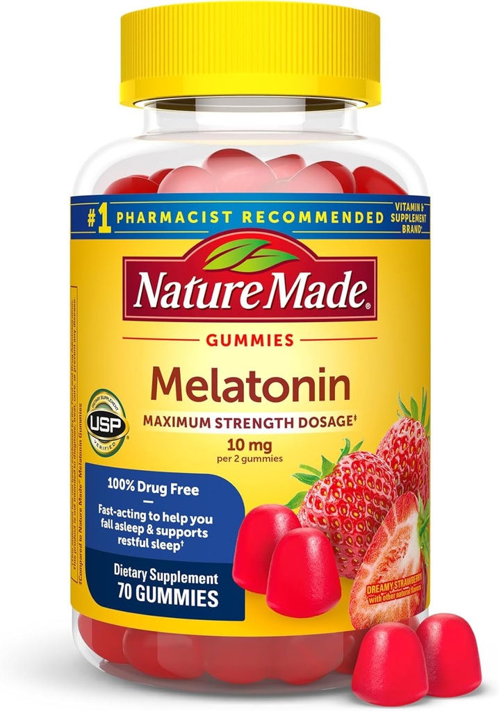 Nature Made Melatoniini 10 mg per tarjoilu Gummies aikuisille, Maximum Strength Annostus unilääke, 100% Drug Free, 70 kreivi Melatoniini Gummies, 35 päivän tarjonta