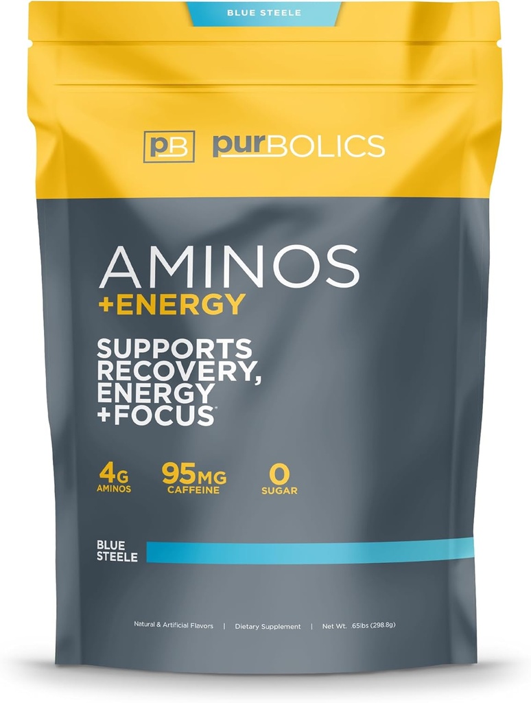 Purbolics Aminos + Energy | Supports Recovery, Energy & Focus | 95mg of Caffeine, 0 Calories & 60 Services (Blue Steele)