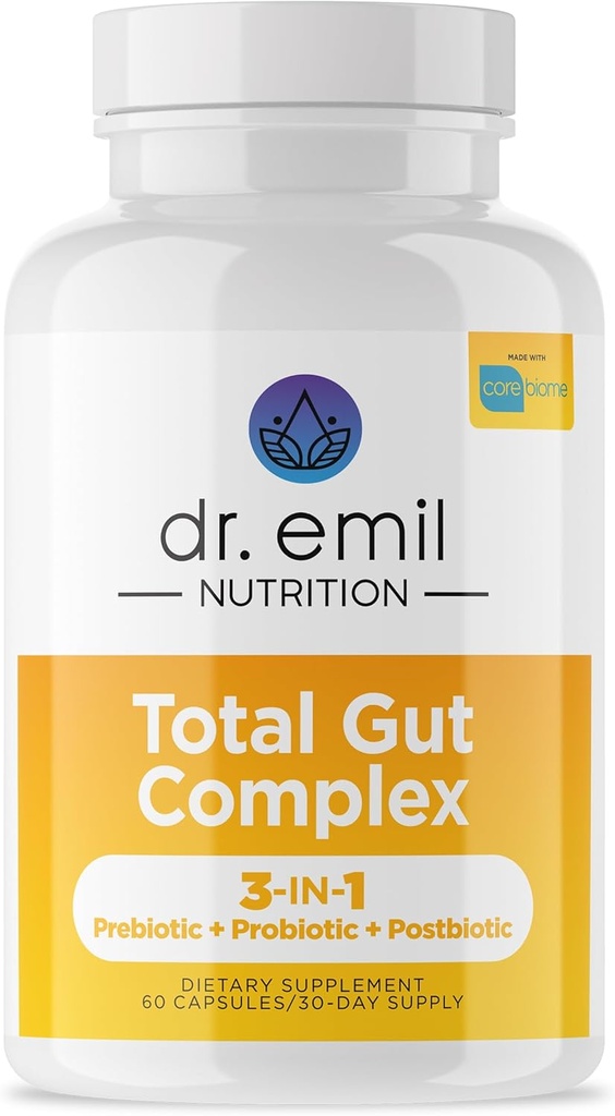 DR. EMIL NUTRIITION Complexe de santé Gut total - Supplément prébiotique, probiotique et postbiotique - Soutient la santé digestive, le blottis et l'équilibre git - Non-OGM et sans soja - 60 capsules