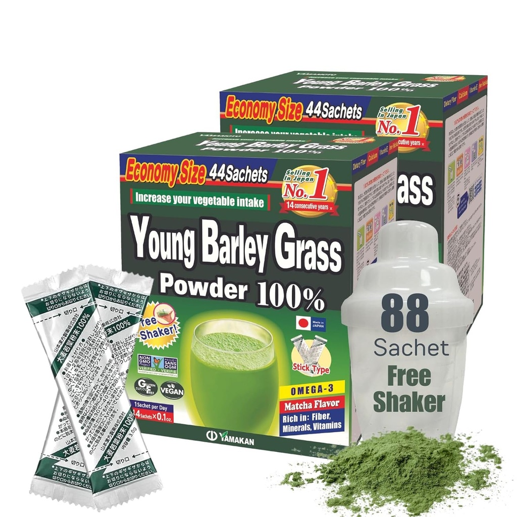 Yamamoto Kanpoh YAMAKAN Young Barley Grass Powder, Grass Juice Rich in Minerals, Vitamins & Plant-Based Protein for Women & Men, Barley Grass Juice Powder from Japan, Non GMO 88 Portable Sachets