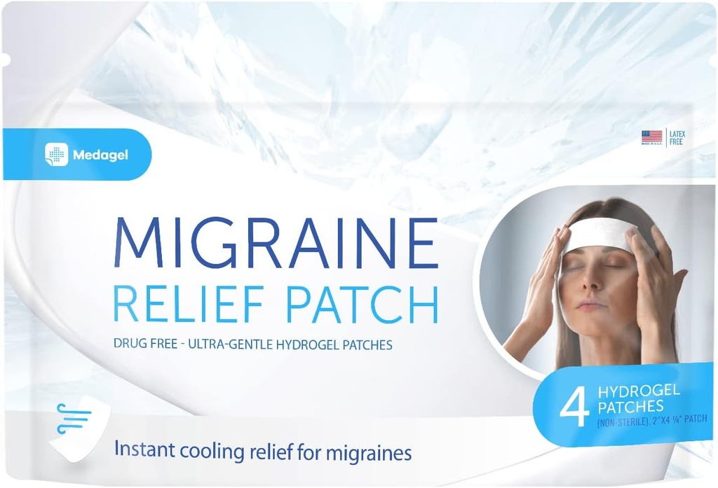 Migraine Relief Patch, Cooling Patches for Migraine, Fever, Hormone, & Heathers, Mess & Odor-Free Hydrogel Cooling, Made in The USA, 1 Pack (4 x Patches) Wit
