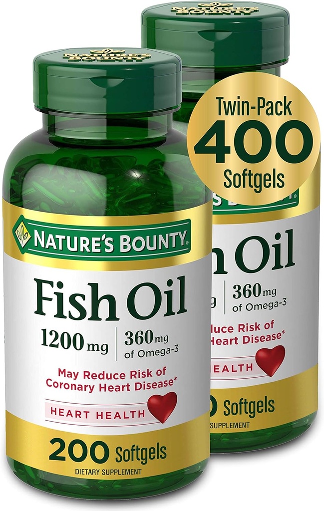Nature's Bounty Fish Oil, Diyetary Supplement with 360 mg Omega-3, Supports Heart Health, 1200 mg, 200 Softgels (Pack of 2)