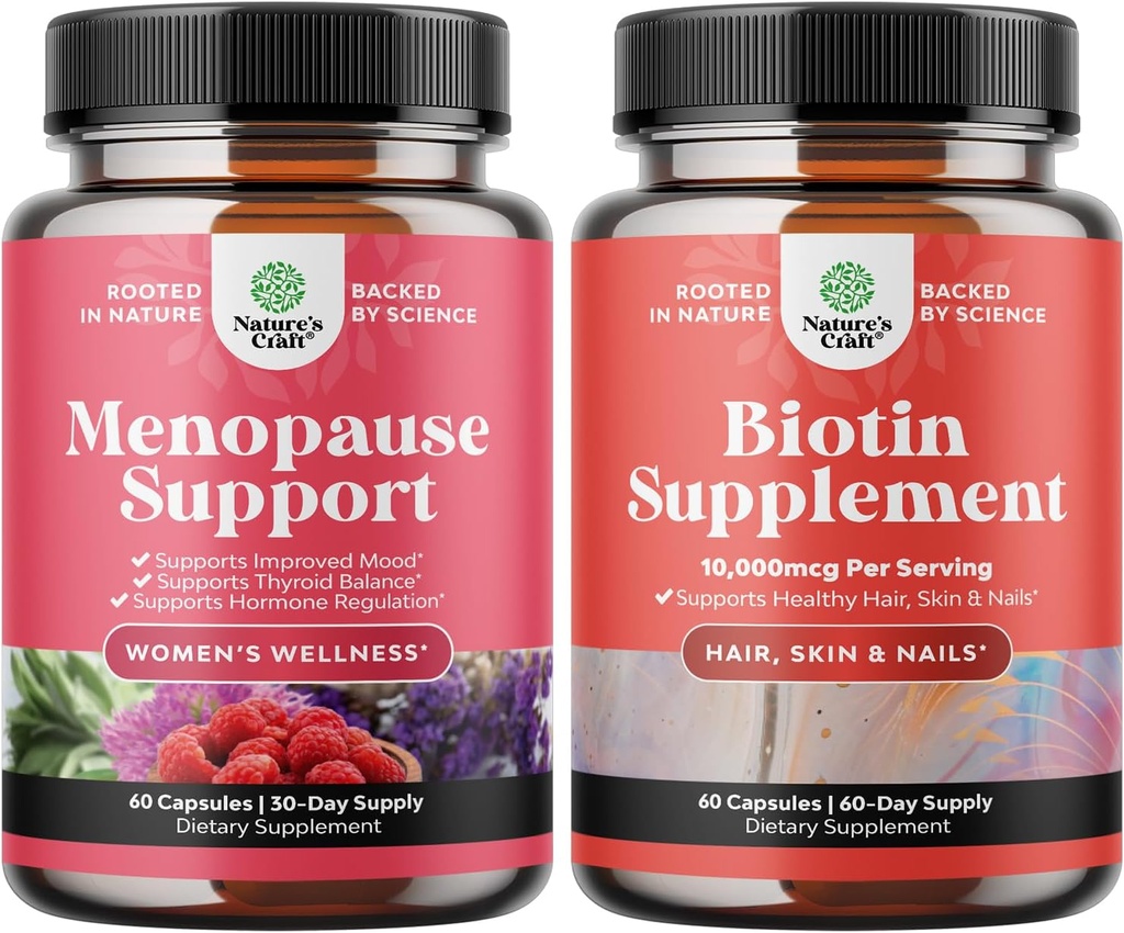Pacote de Herbal Menopausa Suplemento para Mulheres e 10000 mcg Pílulas de Biotina Pura para Mulheres e Homens - Perfeito para Estrogênio Equilíbrio - Pare de perder cabelo Thinning Suplemento Natural