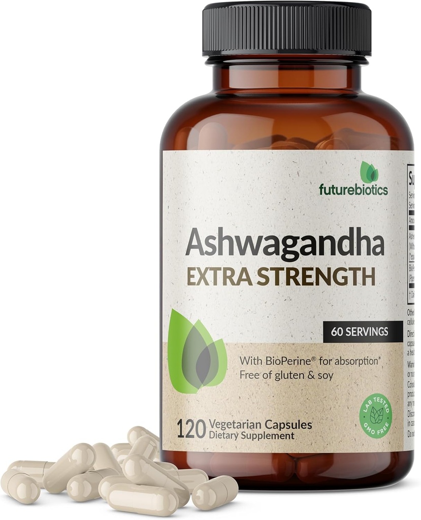 Futurebiotiká Ashwagandha Extra Strength Stres a podpora nálady s BioPerine - Non GMO Formula, 120 Vegetariánske kapsule