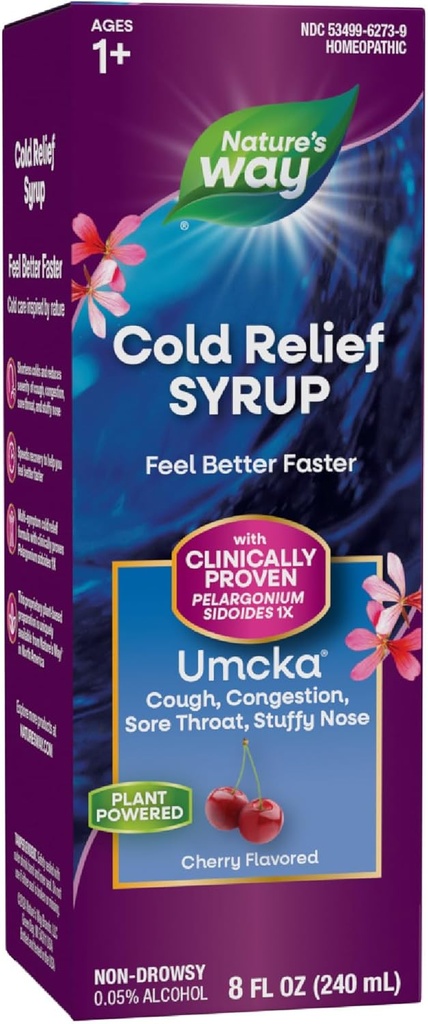 Nature 's Way Cold Relief Syrup, Umcka, Shortens Varighed & Reducerer Severity, Multi- symptom Cold Relief, Homøopatisk, Phenylephrine Gratis, Non- Drowsy, Cherry Flavored, 8 Fl Oz (Packaging May Vary)