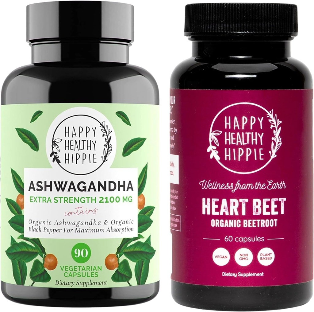 Happy Health Hippi Punajuurikapseleita & Organic Ashwagandha Stressi tuki täydentää kapseleita