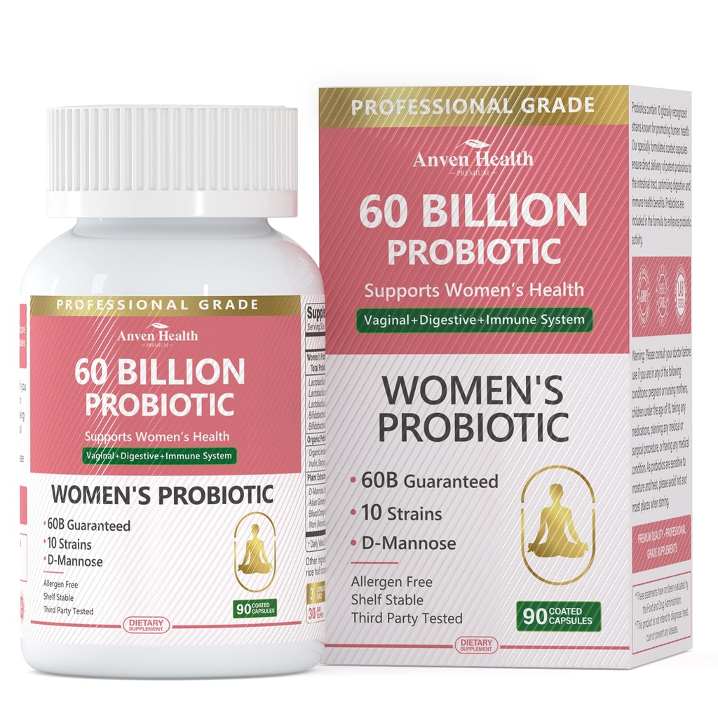 Probiotics and Organic Prebiotics for Women pH Balance & Digestion- 60 Billion CFU Vaginal Probiotics with Cranberry D-Mannose, Vegan & Non-GMO for Urinary Tract & Immune | 90 Caps