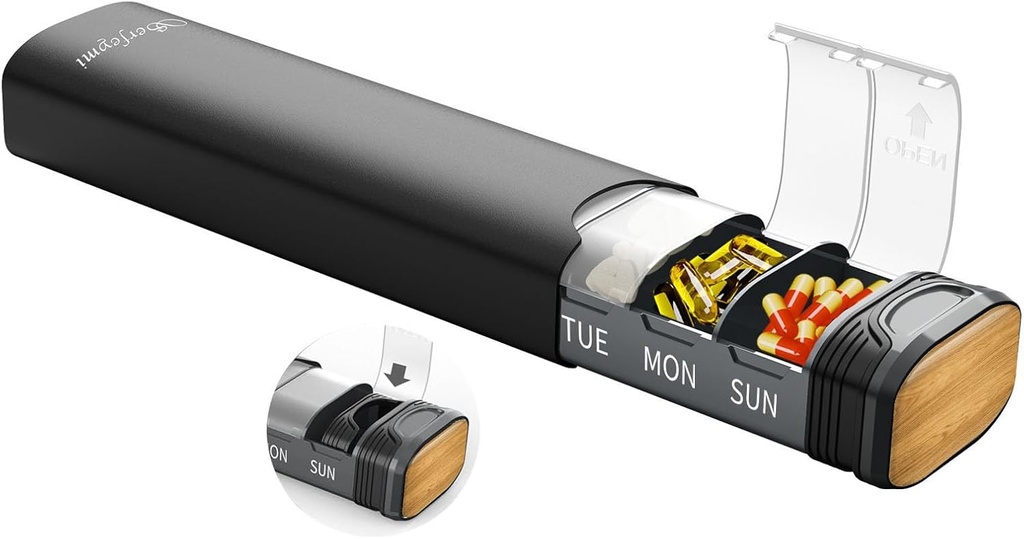 Metal Weekly Pill Organizador, Serfeymi Aluminum Daily Pill Box (Spare Gasket provided), 7 Day Pill Case Travel Medicine Organizer,Pill Container con individuais Lid para Vitaminas, Pills, Suplemento-Black