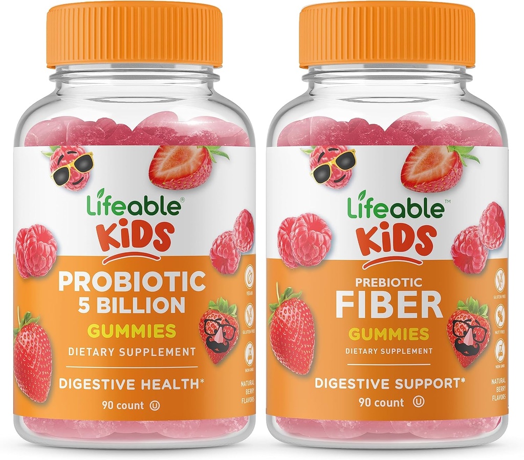 Živé Probiotika 5 miliard dětí + Prebiotická Fiber Kids, Gummies Bundle - Velký Ochutnávka, Vitamin dodatek, gluten zdarma, GMO zdarma, Žvýkací žlab