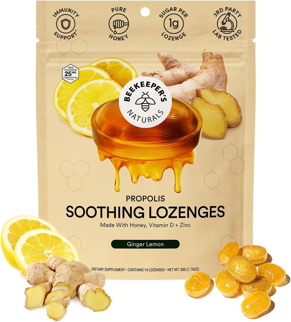 Peekeer's Naturals Soothing Honey Jinger Lemon Caugh Drops - Имунна подкрепа с витамин D, цинк и прополис Установяване Лозенги, 14 Ct