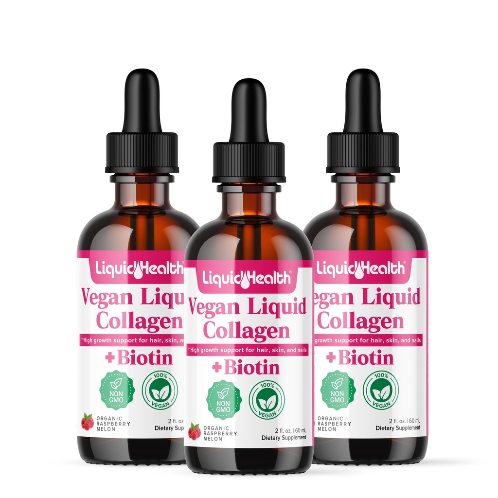 LIQUIDHEALTH 100% Vegan Collagen Plus Biotin 100,000mcg Liquid Drops - Plant-Based Liquid Collagen for Women & Men - Hair & Nail Growth, Skin Health, Boosts Metabolism - Made in USA, Non-GMO (3 Pack)