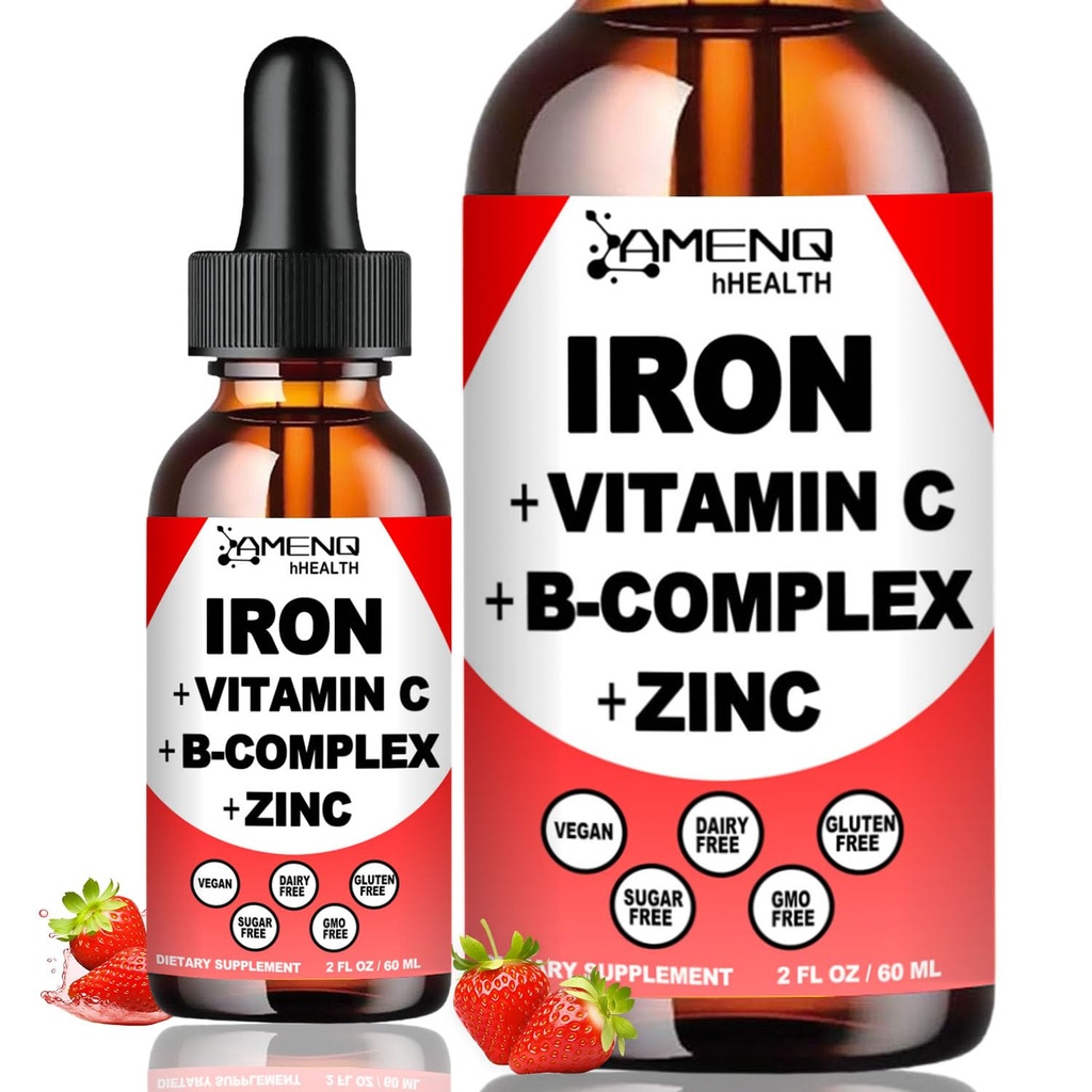 Liquid Iron Supplement w/Vitamin C, A, B-Complex, Vegan Iron Drops High Potency Liquid Vitamin & Iron Supplements for Women, Men & Children -Support Red Blood Cell, Energy, Anemia & Fatigue