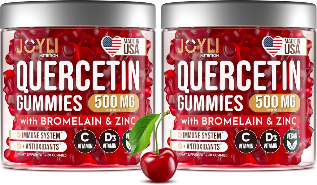 2 Pack - JOYLI Quercetin Gummys with Bromelain, Zinc, Vitamin C & D3 - 无糖Quercetin 对免疫支持和季节性健康的补充 - 500 mg Quercetin for Kids & Adults - 60 Gummys每包
