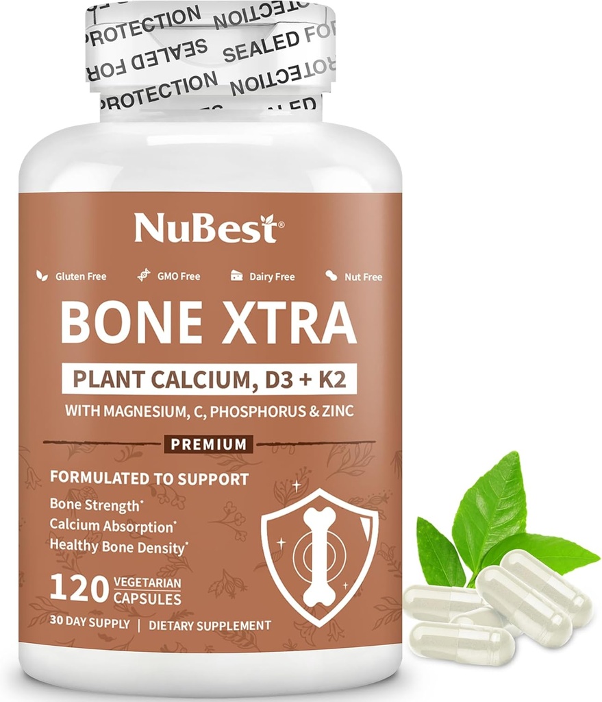 NuBest Bone Xtra Plant-Based Bone Formula cu calciu, Magneziu de la Marine Algae, Fosfor, Vitamina C, K2, D3