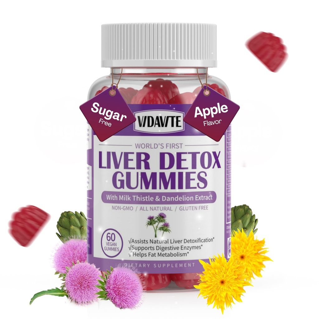 VIDAVITE Liver Cleanse Detox & Repair Gummies — Sugar-free, US-Made, 1500mg Milk Thistle Supplement with Artichoke, Dandelion and 20+ Herbs — Liver Support Supplement for Men & Women(60 Vegan Gummies)
