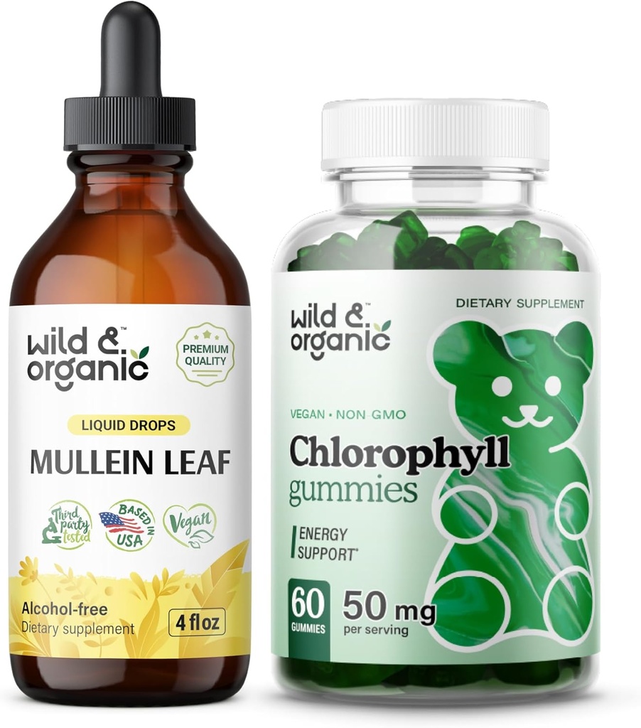 야생 & 유기 Mullein 하락 4개 oz & Chlorophyll Gummies 60 Chews