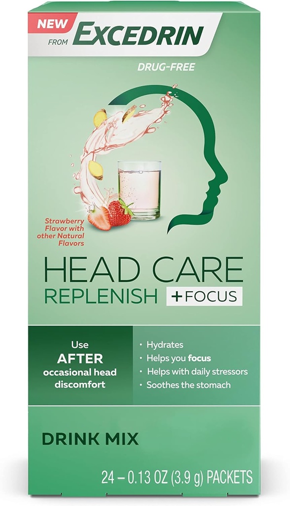 Excedrin Head Care Replenish Plus Focus From Excedrin Drink Mix with Electrolytes, L-Theanine, Ginger and Caffeine for Head Health Support - 24 Packets