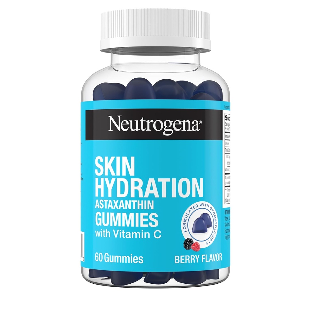 Neutrogena Skin Hydration Astaksantiini Gamies kanssa C-vitamiini, ihonhoito täydentää Hydrated, Smooth & Healthy Skin, Päivittäinen antioksidantti Gummies ihon terveyteen, Berry Flavor, 60 lla