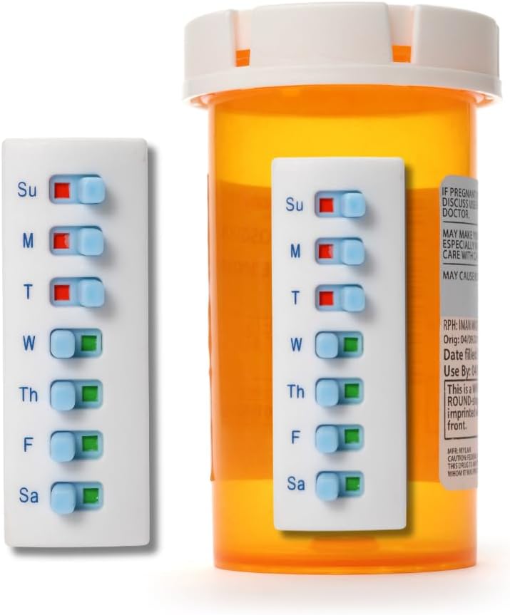 Peel and Stick Reusable for 12 + Refills, Pill/Medication/Vitamin / Peter Med Tracker & מזכירותer, צורף לבקבוק שלך, ארגן חינם, Curved-Back (לבן, 2Pack)