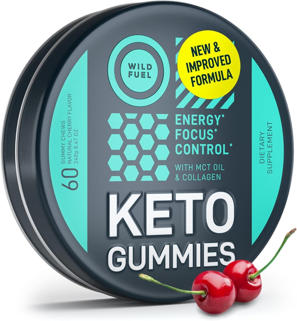 MCT Oil Keto Gummies Collagen Metabolism Booster - Pre Workout Gummy Energy Chews Keto Candy - Physical and Mental Energy, Low Carb, Low Calorie - 60 Cherry Collagen Gummies For Women and Men