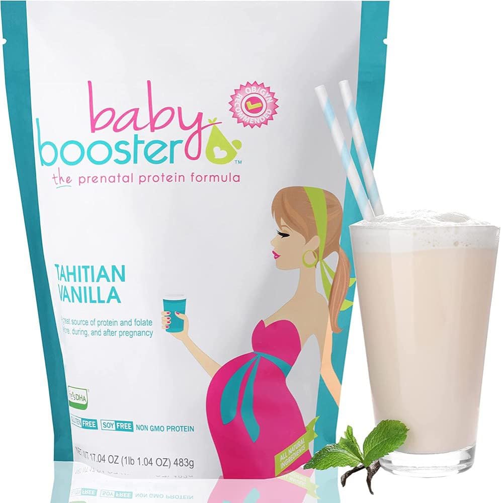 Baby Booster Tahitian Vanilla Prenatal Vitamin Supplement og protein Shake, Koffein Gratis, Alt naturlig, Vegetarisk DHA, høy protein, Metyl Folat, B vitaminer, Flott for morgensykhet, 1 lb