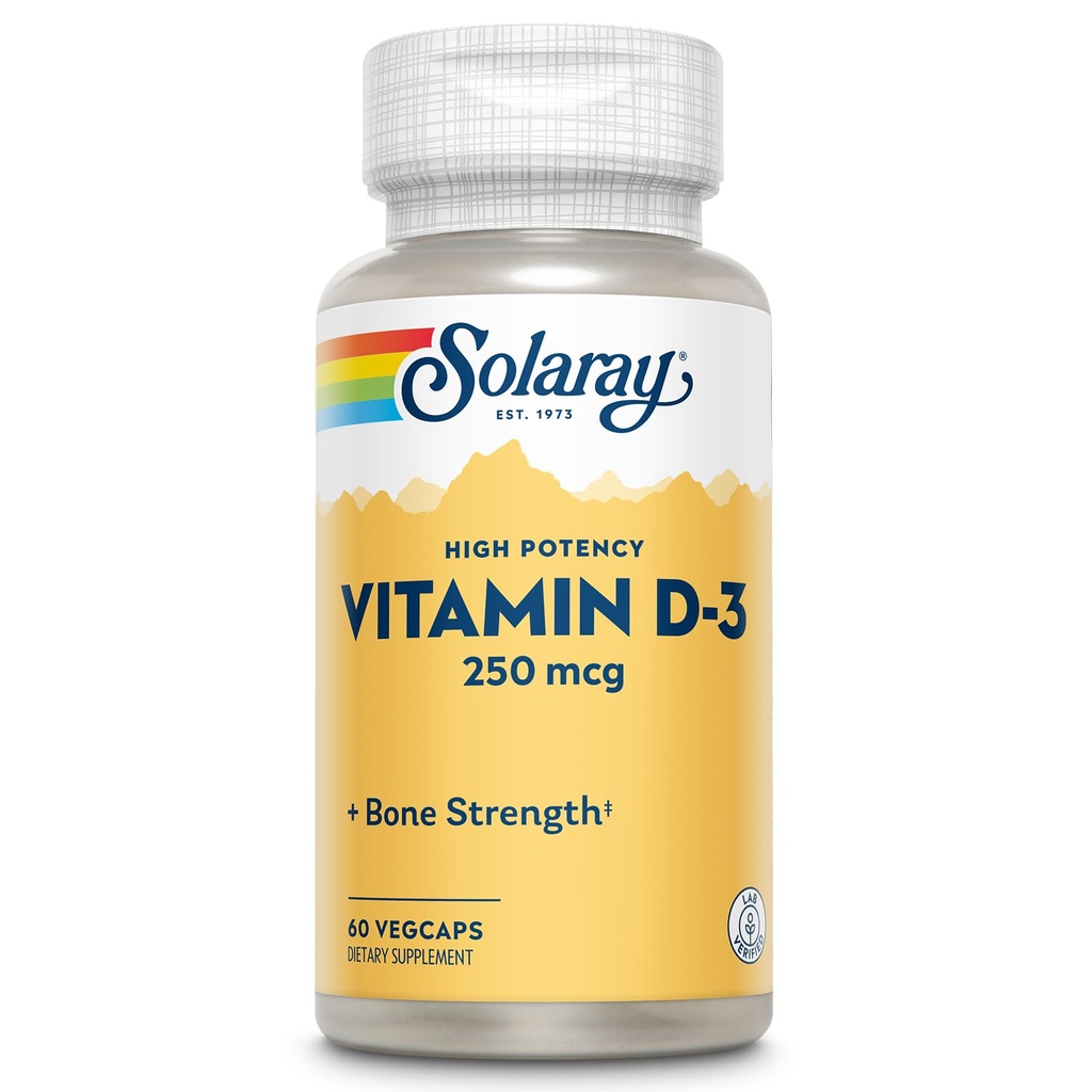 SOLARAY Vitamin D3 10000IU (250 mcg) - High Potency Vitamin D Supplement for Men & Women, VIT D3 as Cholecalciferol, Bones and Immune Health Support Capsules - 60 Veg Caps