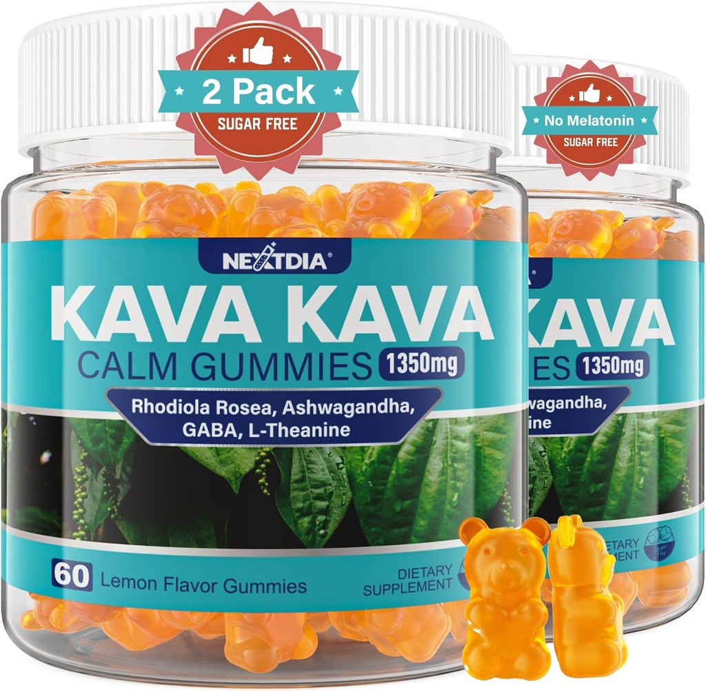 Kava Kava Gummies, Sukker Gratis Calm Gummies w/Rhodiola Rosea, Ashwagandha, L-Theanine, GABA, Melatonin-fri Kava blanding for avslapning, rolig og fokus - Alternativ til Kava pulverkapsler, Vegan 120 Ct