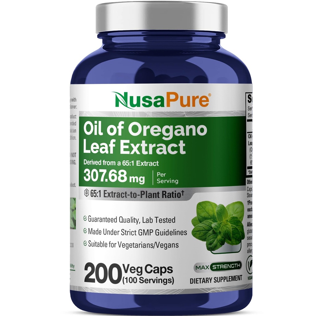 NusaPure Oregano Oil Leaf Capsules, 307.68 mg, 200 Veg Capsules (Non-GMO, Vegan)