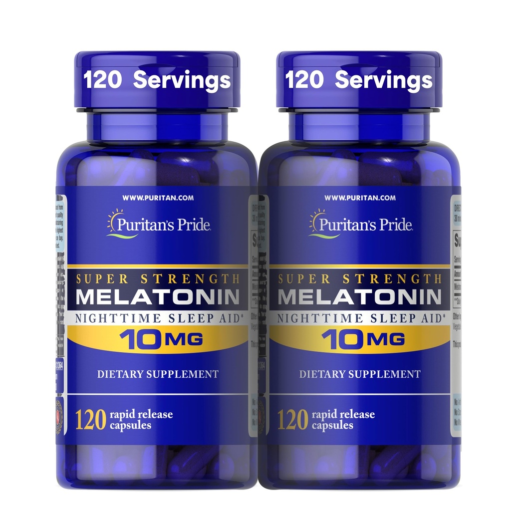 Puritan's Pride Premium Super Strength Melatonin 10mg Sleep Aid, Dietary Supplement for Sound, Restful, & Longer Sleep Support, 4 Month Supply, 120 Rapid Release Capsules, 2 Pack (Packaging May Vary)