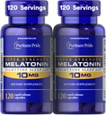 גאווה של Puritan's Pride Premium Super Power Melatonin 10mg Sleep Aid, תוספת תזונתית עבור Sound, Restful, & Longer Sleep Support, 4 חודשים אספקה, 120 קפסולות שחרור מהיר, 2 Pack (Packaging May Vary)