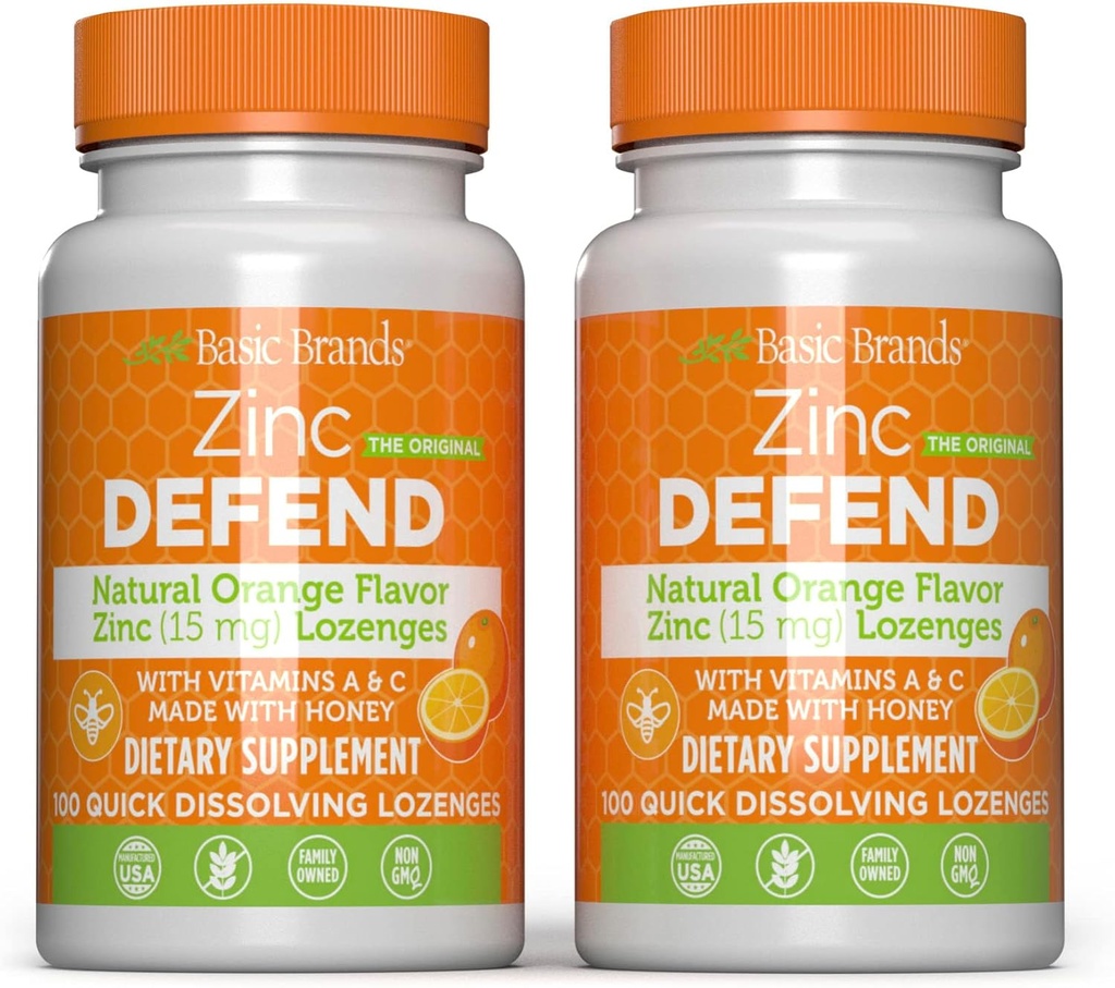 Osnovne znamke – Cink Orange Defend - 100 Lozenges - Natural Orange Flavor Cink–Lozenges - Imuni Boost, Cold Relief, Non-GMO, Cinkov acetat in vitamin C - 2-Pack