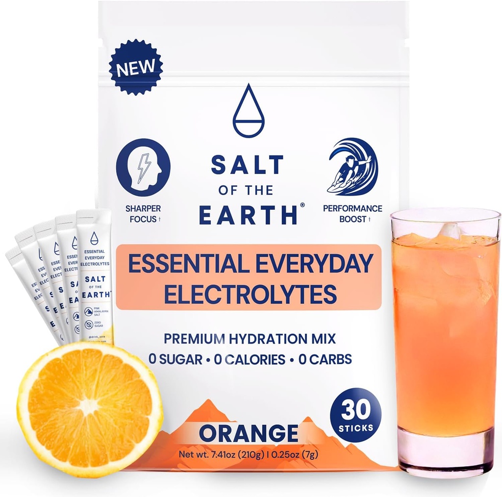 Yer Premium Zero-Sugar Electrolyte - Pink Himalaya Salt ilə Made - Hydration Toz Packets / Premium Materiallar | Keto & Paleo Friendly | 30 Sticks, Orange