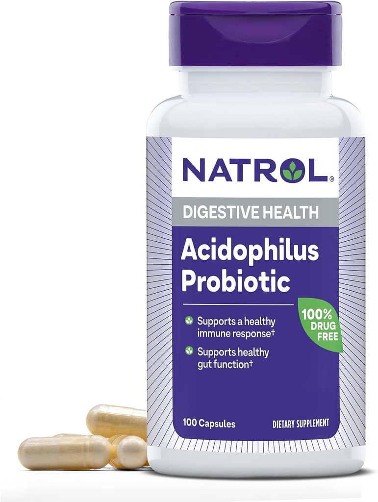 Natrol Acidophilus Probiotic 100 mg, Supliment alimentar pentru funcţie de gut sănătos, Capsule de sănătate digestivă pentru adulţi, 100 capsule, până la o aprovizionare de 33 zile
