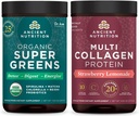 Ancient Nutrition Organic Supergreens Powder, Greens Flavor, 25 Servings + Multi Collagen Protein Powder, Strawberry Lemonade, 24 porcións