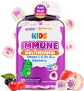 Kinder Multivitamin + Immununterstützung Gummie, Vitamin C D3 & Zink, Omega-3, A, E, Elderberry, Kinder Vitamin Gummie für gesunde Entwicklung, Immunität, Knochenwachstum & Augengesundheit, Zuckerfrei, 60 Cts
