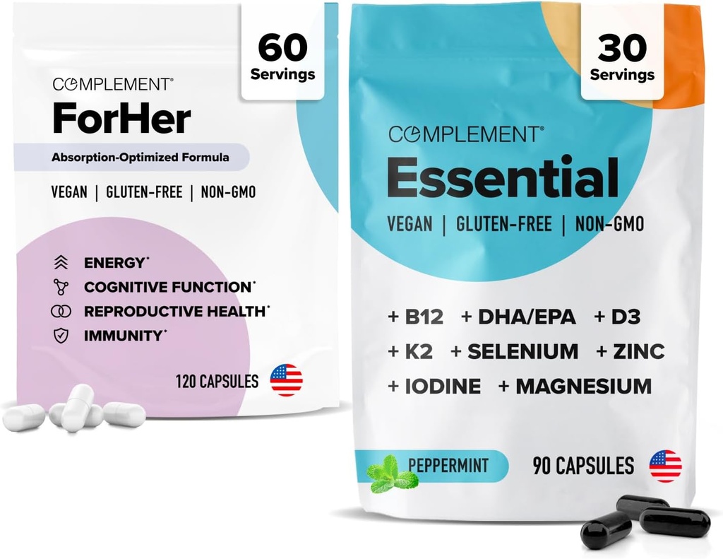 Komplettera ForHer & Essential Vegan Multivitamin Bundle - 30-Day Women's Wellness Support med Omega 3, B12, D3, Iron, Folate & More - Energy, Immunity & Hormonal Balance