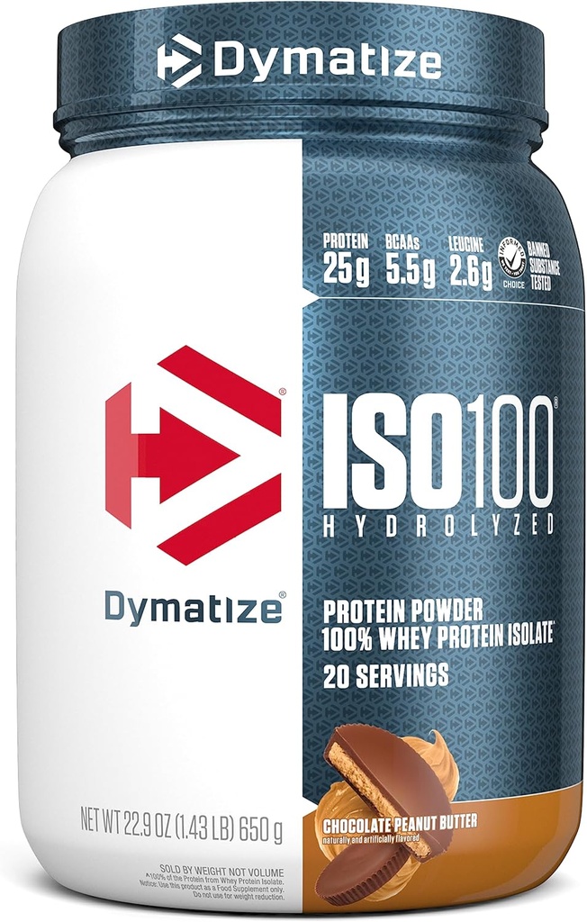 Dymatize ISO100 Whey Protein Powder Isolate, Chocolate Peanut Butter, 25g de Protein, 5.5g BCAAs, Menos Than 120 Cal., Gluten Free, 1g Fat, 1g Sugar, 2g Carb (20 Servings)