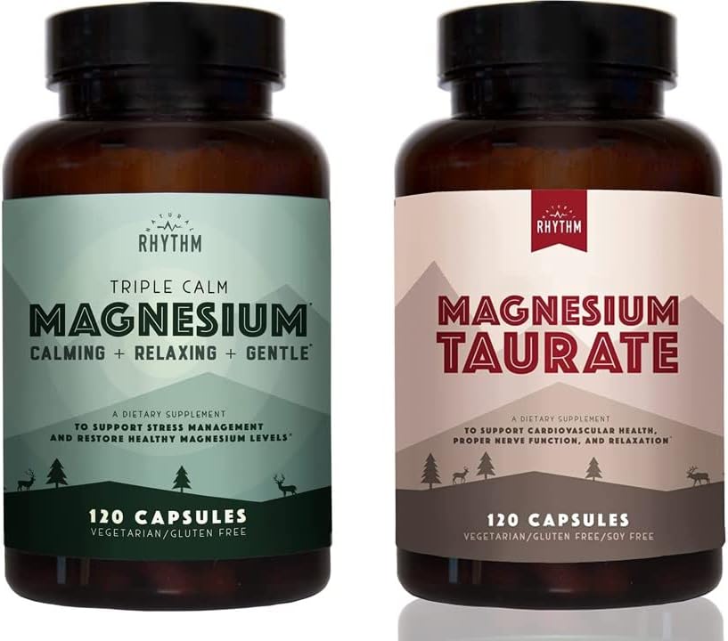 Natural Rhythm Day " night Bundle - Triple cool Magnesium 150mg, 120 Capsules + Magnesium Taurate 750mg (150mg of Elemental Magnesium) 120 Capsules
