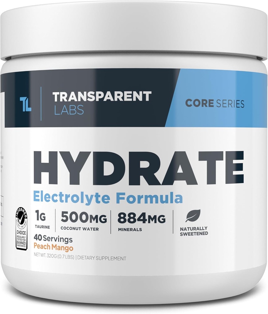 Transparent Labs Hydrate Naturlig søtet Electrolytes pulver - Hydration Powder Elektrolytter med kokosvann, kalsium, Taurin, & Kalium - 40 Services, Peach Mango