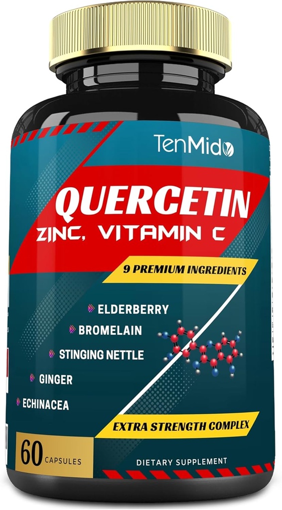 Quercetin Extract Capsules - Blend Elderberry, Bromelain, Ginger, Stinging Nettle, Echinacea, Black Pepper och mer - 60 kapslar, 2 månaders leverans