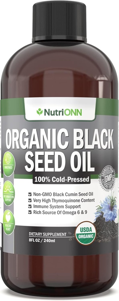 Organic Black Seed Oil - USDA Certified Organic Black Cumin Seed Oil Liquid – High Thymoquinone Content – Non-GMO and Cold-Pressed –rich Source of Omega-6 ' Omega-9 Fatty Acids - 8 Oz