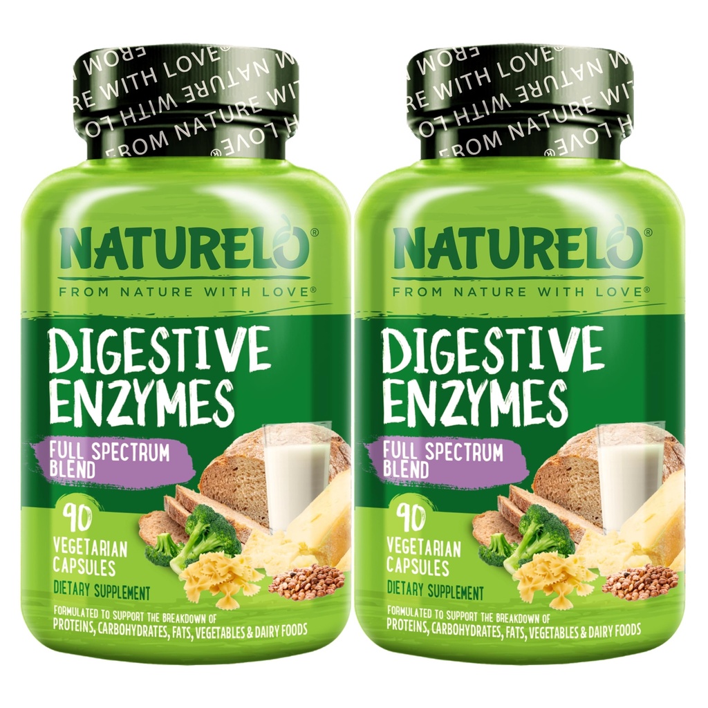 NATURELO Digestive Enzymes with Ginger, 90 Vegan Capsules, 2 Pack | Full Spectrum Support, Broad Blend of 15 Digestive Enzymes for Men and Women
