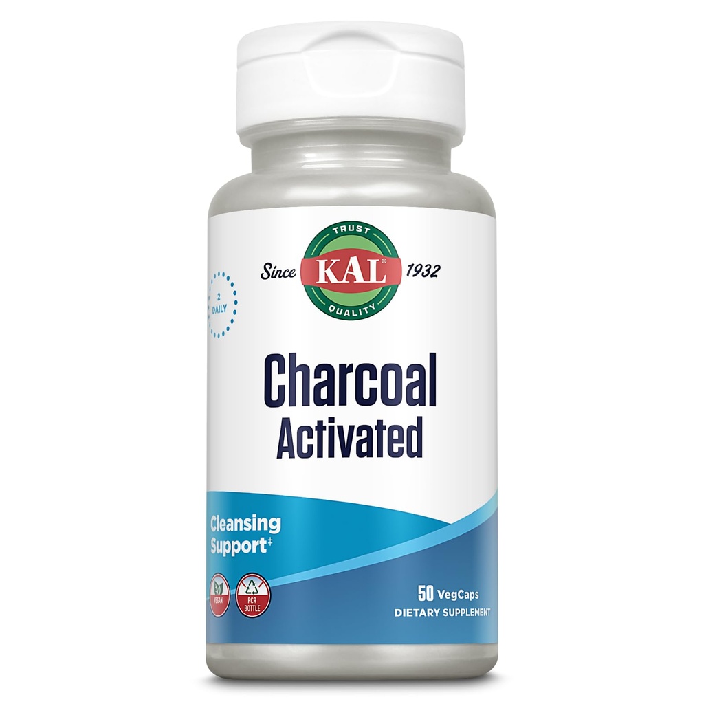 KAL Activated Charcoal Capsules, Cleansing Support, 500 mg Preferred Non-GMO Coconut-Shell Detox Formula, Vegan and Lab Verified, 25 Servings, 50 VegCaps