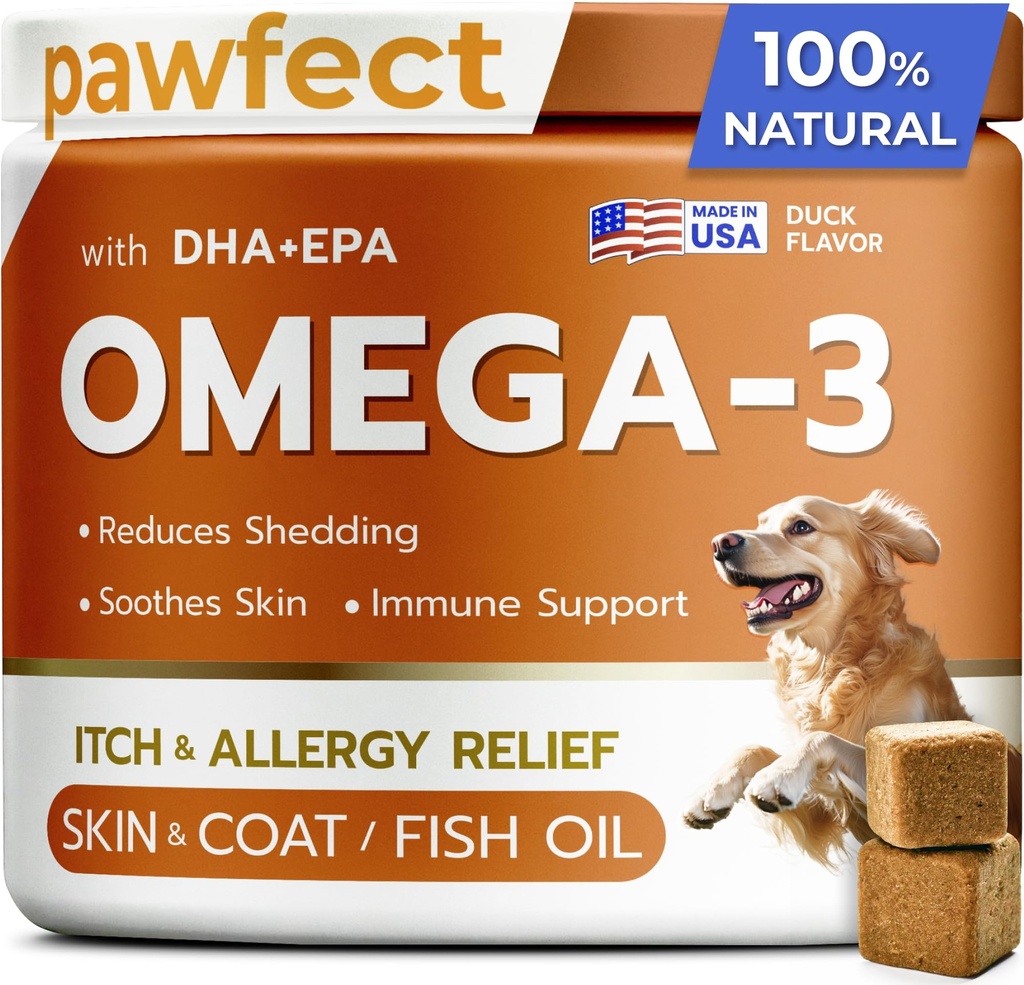 PawfectCHEW Fish Oil Omega 3 for Dogs - Allergy Relief - Joint Health - Itch Relief, Shedding - Skin and Coat Supplement - Alaskan Salmon Oil Chews - Omega 3 6 9 - EPA & DHA Fatty Acids