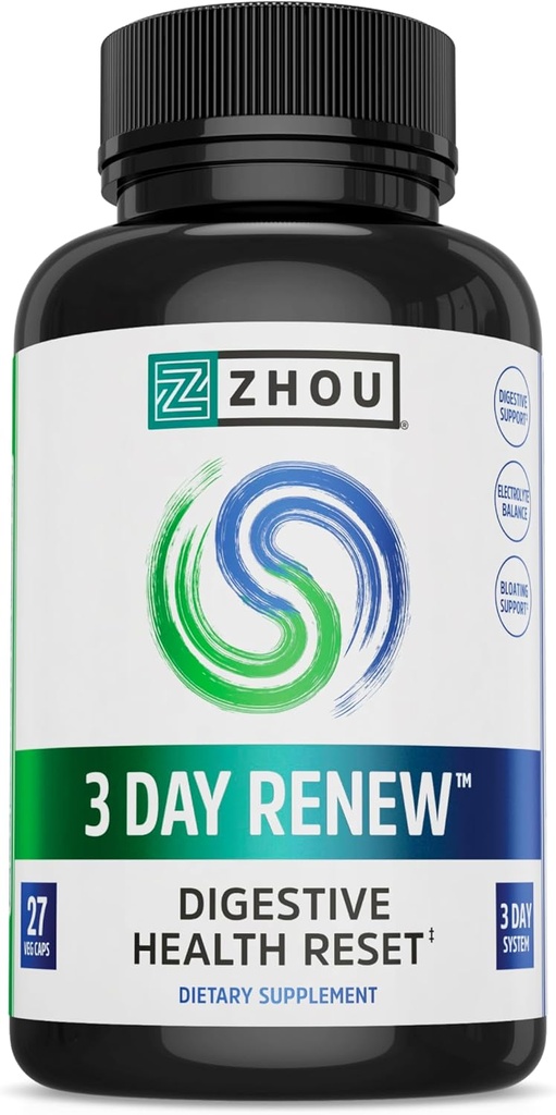 Zhou 3 Day Renew - Probiyotikler for Digestive Health, Probiyotikler for Men and Women, Gut Health & Natural reset Support Supplement with Ginger and Aloe - 27 Veg Caps