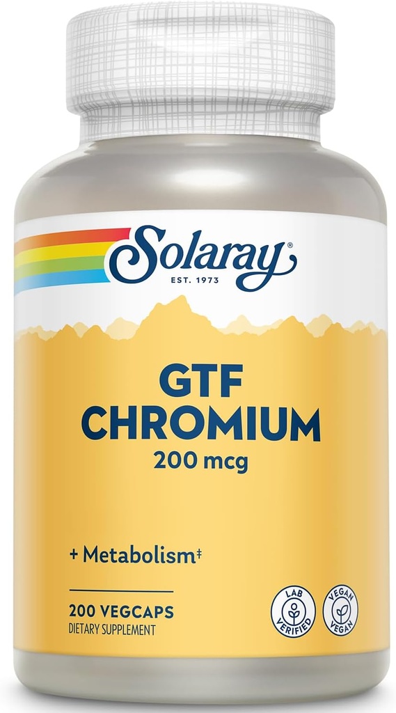 Solaray GTF Chromium 200mcg - Pure Chromium GTF 200 mcg Supplement, stöder metabolisk funktion och hela kroppens hälsa för män och kvinnor - 200 Vegan kapslar