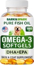 BARK & SPARK Omega 3 koertele - 180 kalaõli softgels koerte lamamiseks, nahaallergiaks, sütiku leevendamiseks, kuumade kohtade raviks - liigeste tervis - naha- ja karvalisand - EPA & DHA rasvhapped - lõheõli