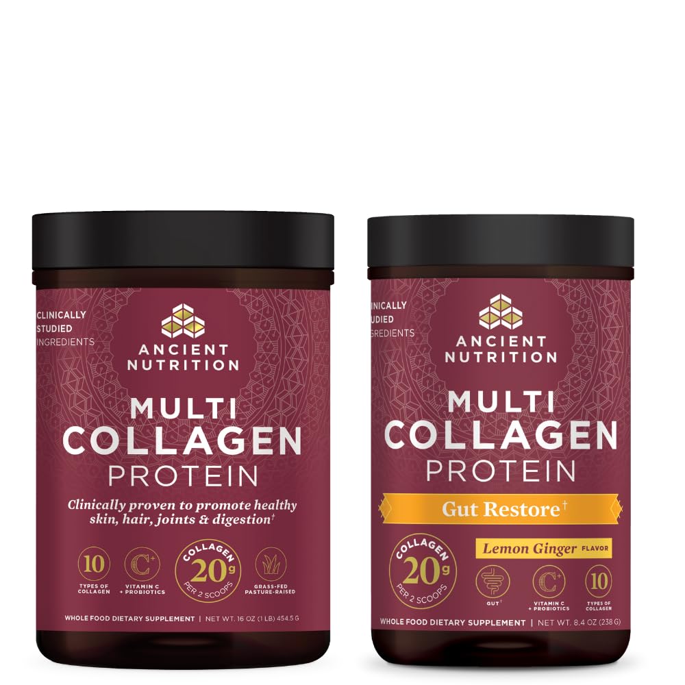 Ancient Nutrition Multi Collagen Protein Powder, Unflavored, 45 Servings + Multi Collagen Protein Powder, Gut Restore, 20 Servings