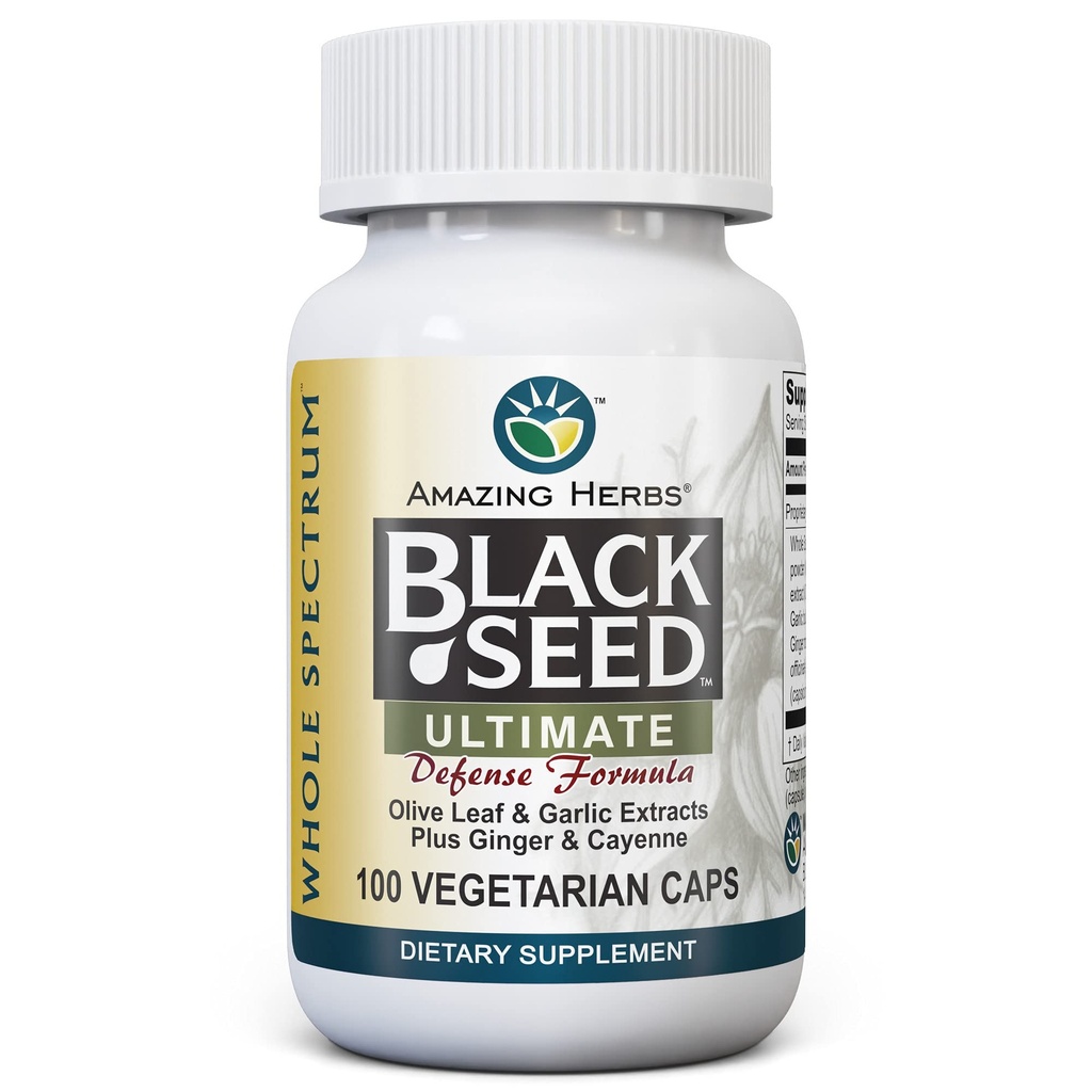 Amazing Herbs Whole Spectrum Black Seed Ultimate Black Seed Oil - 100 Count | Capsules with Olive Leaf & Garlic Extracts, Ginger & Cayenne, Vegetarian Capsules, Gluten Free, Non GMO, Vegan