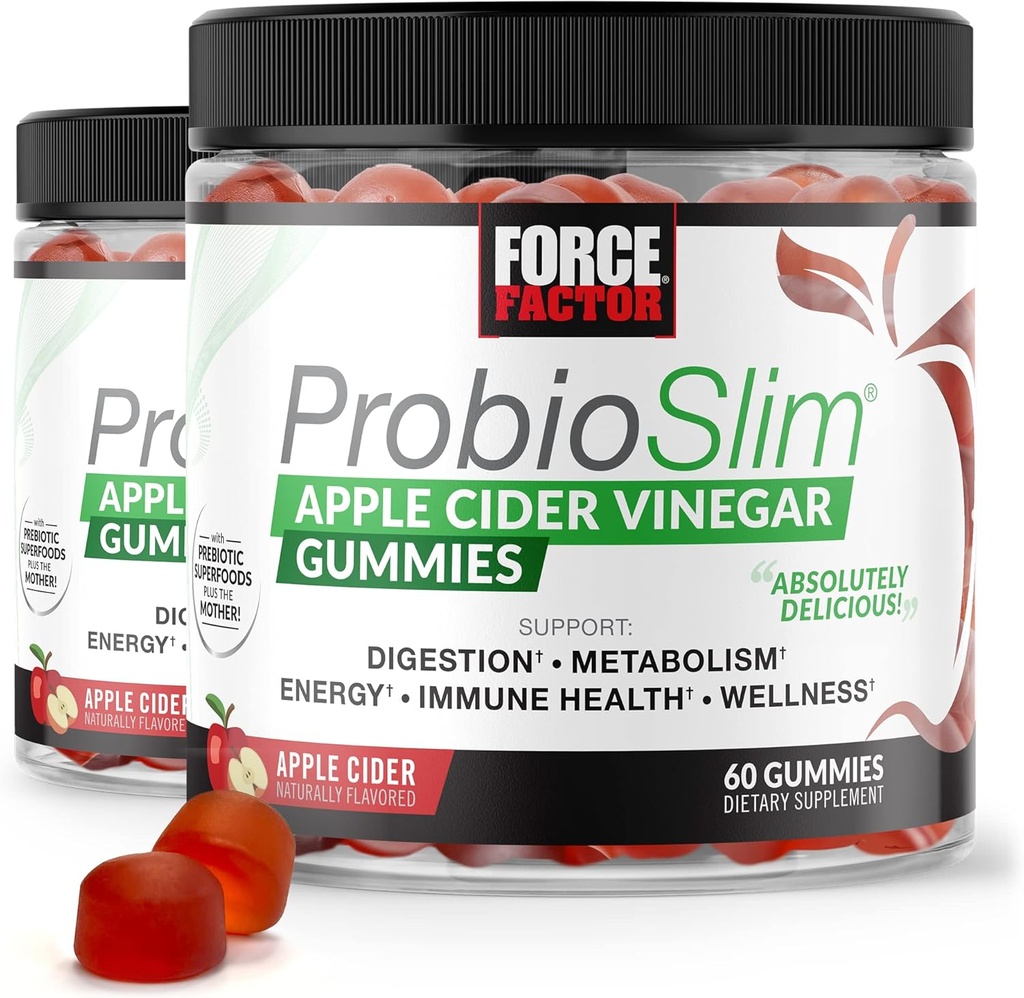 Force FACTOR ProbioSlim Apple Cidru Otet Gumies, 2-Pack, cu organic Apple Cidru Oțet și LactoSpore Probiotice și Prebiotice pentru a sprijini Digestion, Metabolism, și Immune Health, 120 Gummies